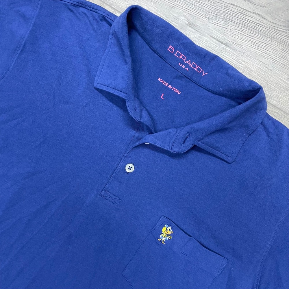 B. Draddy Polo Shirt Mens Large Blue Pima Cotton Duck Logo Preppy Golf Casual